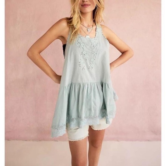 Free People Tops - Free People Mint Green Embroidered Lace Tunic Top Size S Boho 100 Cotton
